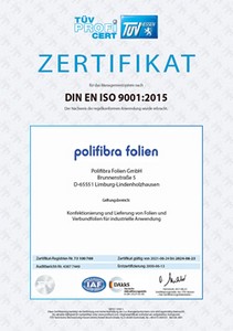 Zertifikat zur DIN EN ISO 9001:2008 der Polifibra Folien GmbH